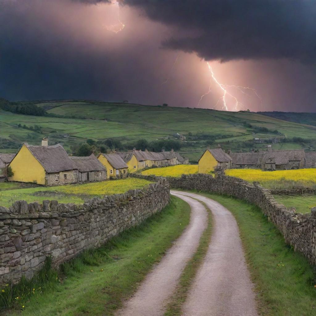 The peaceful village from before, now with a scene outside the walls of vibrant yellow lightning cutting across the sky. The calm of the village contrasted by the storm outside.