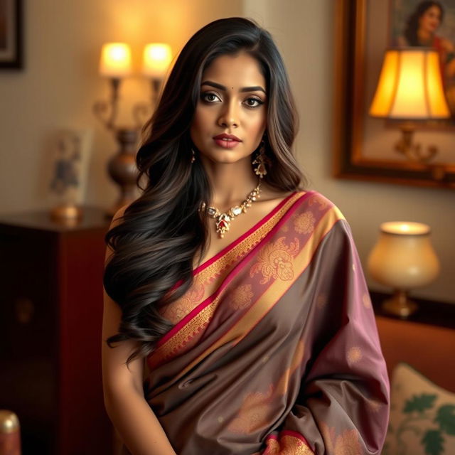 An elegant Indian woman wearing a beautiful saree draped gracefully over her shoulder and a stylish bra underneath that subtly complements the outfit