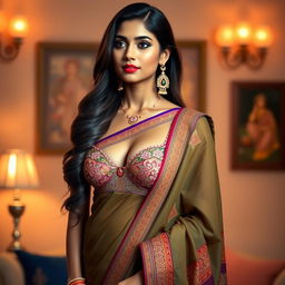 An elegant Indian woman wearing a beautiful saree draped gracefully over her shoulder and a stylish bra underneath that subtly complements the outfit