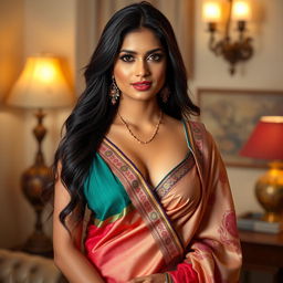 An elegant Indian woman wearing a beautiful saree draped gracefully over her shoulder and a stylish bra underneath that subtly complements the outfit