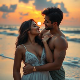 A romantic and artistic beach scene featuring Neha Sharma, depicted in an intimate and passionate setting