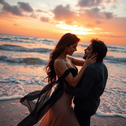 A romantic and artistic beach scene featuring Neha Sharma, depicted in an intimate and passionate setting