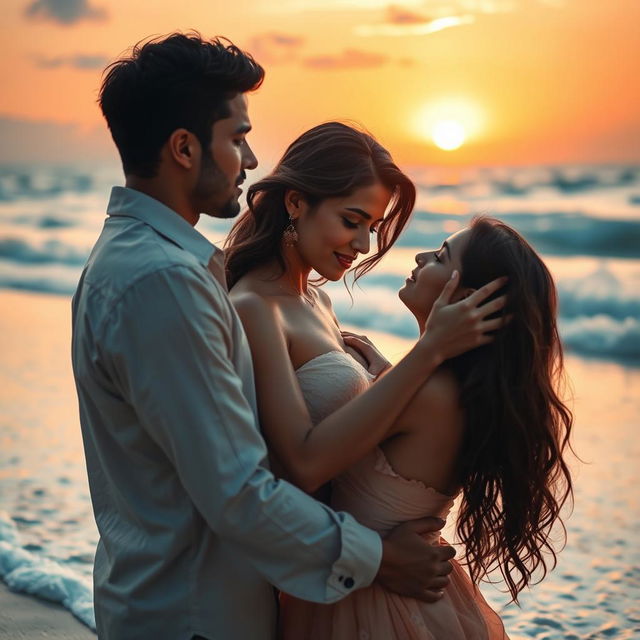 A romantic and artistic beach scene featuring Neha Sharma, depicted in an intimate and passionate setting