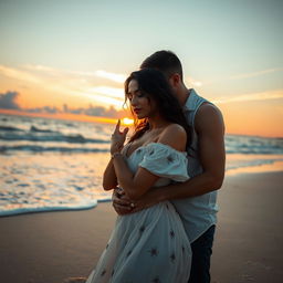 A romantic and artistic beach scene featuring Neha Sharma, depicted in an intimate and passionate setting