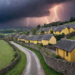 The peaceful village from before, now with a scene outside the walls of vibrant yellow lightning cutting across the sky. The calm of the village contrasted by the storm outside.