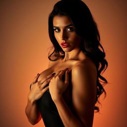 A sexy woman holding her breasts, posed in a captivating way, with an alluring and confident expression