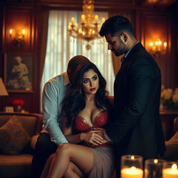 An artistic portrayal of an intimate and sensual hotel scene featuring Neha Sharma with two male figures, depicted in a romantic setting