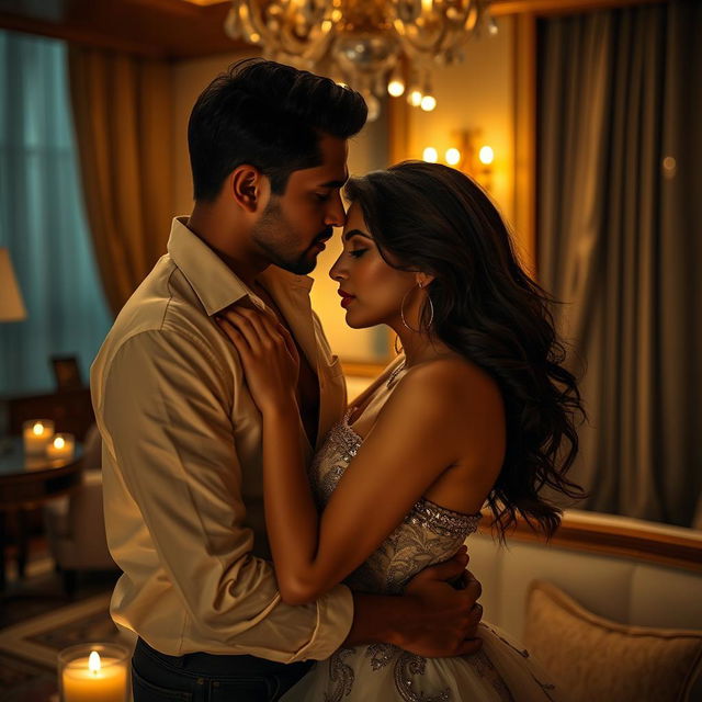 An artistic portrayal of an intimate and sensual hotel scene featuring Neha Sharma with two male figures, depicted in a romantic setting