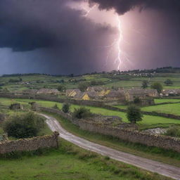 The peaceful village from before, now with a scene outside the walls of vibrant yellow lightning cutting across the sky. The calm of the village contrasted by the storm outside.