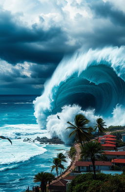 A powerful tsunami crashing onto a coastal town, the immense wave towering over buildings as it engulfs the landscape