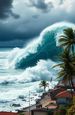 A powerful tsunami crashing onto a coastal town, the immense wave towering over buildings as it engulfs the landscape