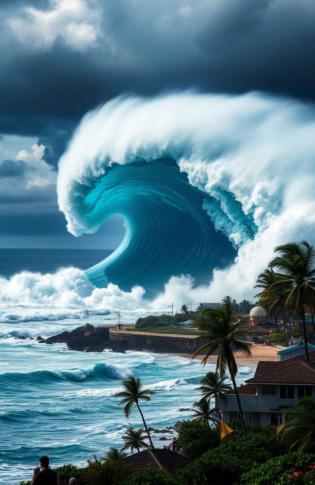 A powerful tsunami crashing onto a coastal town, the immense wave towering over buildings as it engulfs the landscape