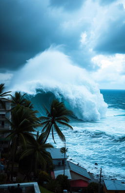 A powerful tsunami crashing onto a coastal town, the immense wave towering over buildings as it engulfs the landscape