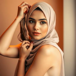 A beautiful, alluring woman wearing a fashionable hijab, sensually holding her hair with an enchanting expression
