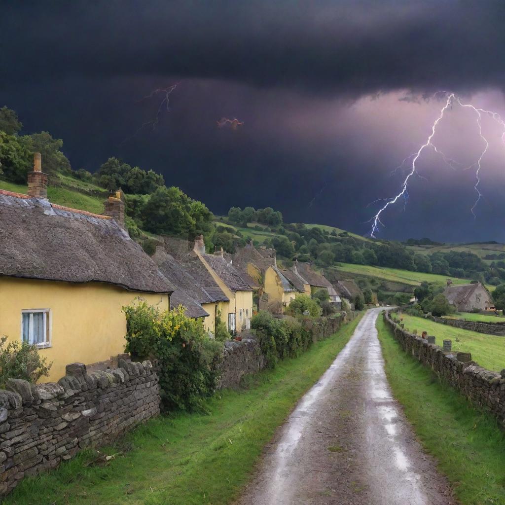 The peaceful village from before, now with a scene outside the walls of vibrant yellow lightning cutting across the sky. The calm of the village contrasted by the storm outside.