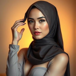 A beautiful, alluring woman wearing a fashionable hijab, sensually holding her hair with an enchanting expression