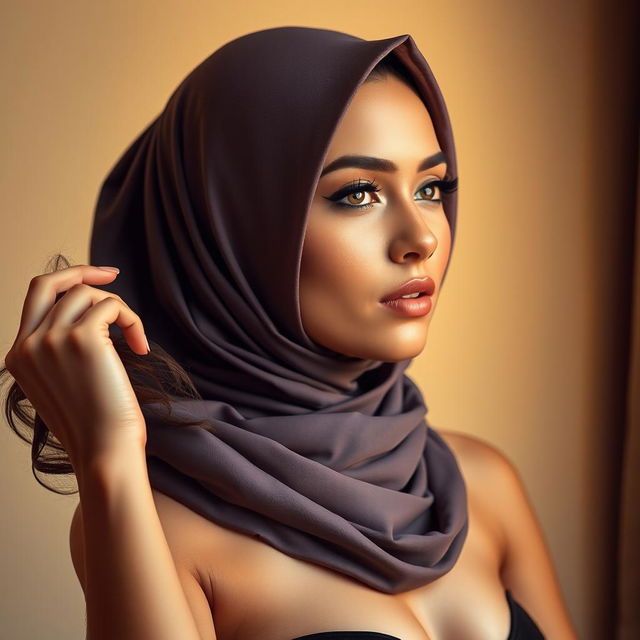 A beautiful, alluring woman wearing a fashionable hijab, sensually holding her hair with an enchanting expression