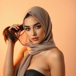 A beautiful, alluring woman wearing a fashionable hijab, sensually holding her hair with an enchanting expression