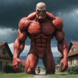 In the stormy scene outside the village, the iconic Colossal Titan from Attack on Titan emerges, its massive figure casting a shadow over the village, adding a touch of suspense and drama.