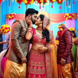A vibrant and celebratory scene featuring Neha Sharma elegantly dressed in a traditional Indian wedding outfit, adorned with intricate designs and vibrant colors