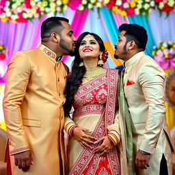 A vibrant and celebratory scene featuring Neha Sharma elegantly dressed in a traditional Indian wedding outfit, adorned with intricate designs and vibrant colors