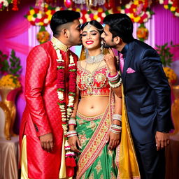 A vibrant and celebratory scene featuring Neha Sharma elegantly dressed in a traditional Indian wedding outfit, adorned with intricate designs and vibrant colors