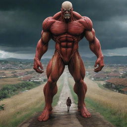 In the stormy scene outside the village, the iconic Colossal Titan from Attack on Titan emerges, its massive figure casting a shadow over the village, adding a touch of suspense and drama.