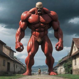 In the stormy scene outside the village, the iconic Colossal Titan from Attack on Titan emerges, its massive figure casting a shadow over the village, adding a touch of suspense and drama.