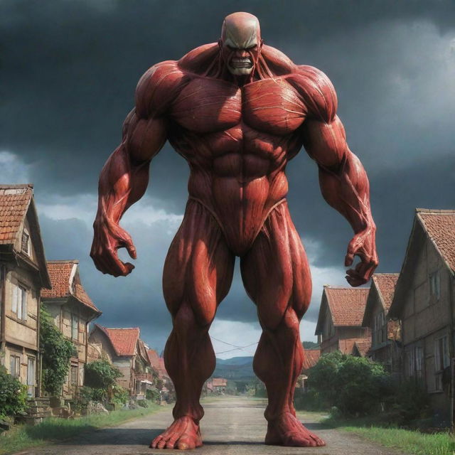 In the stormy scene outside the village, the iconic Colossal Titan from Attack on Titan emerges, its massive figure casting a shadow over the village, adding a touch of suspense and drama.