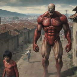 The village scene now filled with fear and suspense as people react to the sudden appearance of the Colossal Titan. Their expressions of terror evident as the safety of their walled enclave is threatened.