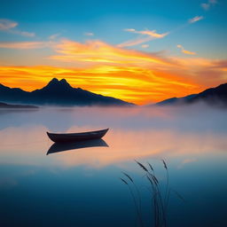 A serene landscape at sunrise, where a vibrant sky transitions from deep blue to rich oranges and yellows, reflecting on still water