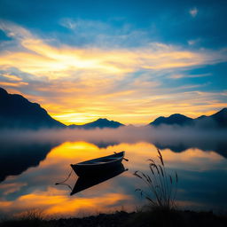A serene landscape at sunrise, where a vibrant sky transitions from deep blue to rich oranges and yellows, reflecting on still water