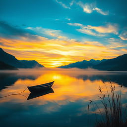 A serene landscape at sunrise, where a vibrant sky transitions from deep blue to rich oranges and yellows, reflecting on still water
