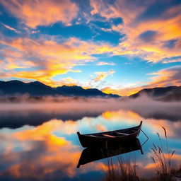 A serene landscape at sunrise, where a vibrant sky transitions from deep blue to rich oranges and yellows, reflecting on still water