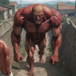 The village scene now filled with fear and suspense as people react to the sudden appearance of the Colossal Titan. Their expressions of terror evident as the safety of their walled enclave is threatened.