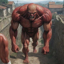 The village scene now filled with fear and suspense as people react to the sudden appearance of the Colossal Titan. Their expressions of terror evident as the safety of their walled enclave is threatened.