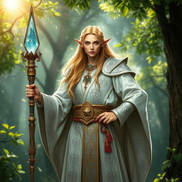 A majestic high elf cleric standing tall in a serene mystical forest, adorned in intricate silver and white robes that shimmer with elegant patterns