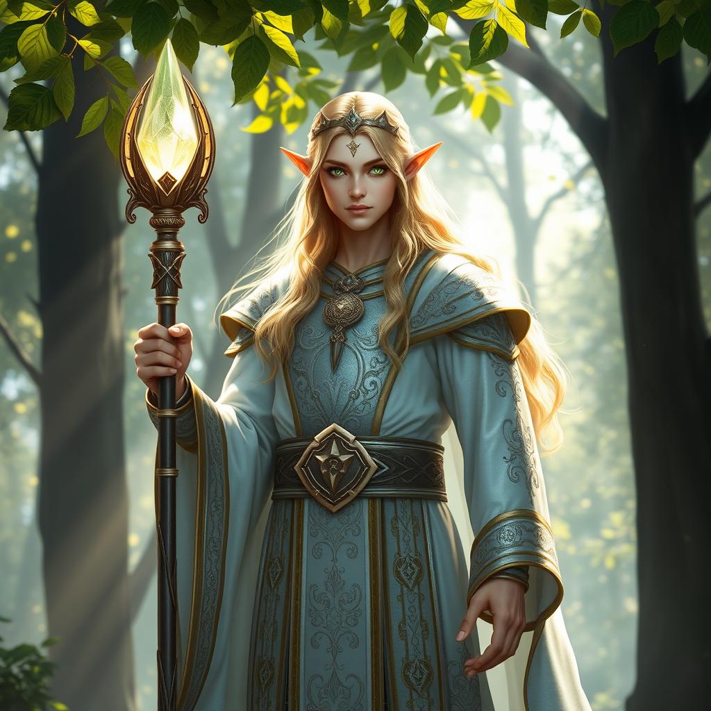 A majestic high elf cleric standing tall in a serene mystical forest, adorned in intricate silver and white robes that shimmer with elegant patterns