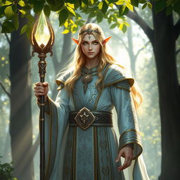 A majestic high elf cleric standing tall in a serene mystical forest, adorned in intricate silver and white robes that shimmer with elegant patterns