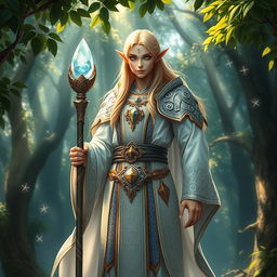 A majestic high elf cleric standing tall in a serene mystical forest, adorned in intricate silver and white robes that shimmer with elegant patterns