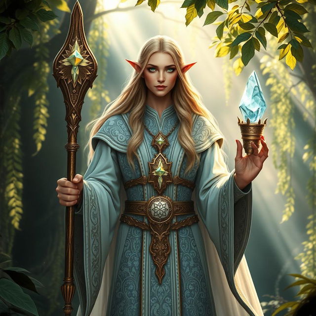 A majestic high elf cleric standing tall in a serene mystical forest, adorned in intricate silver and white robes that shimmer with elegant patterns