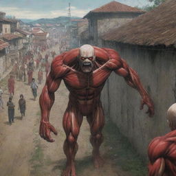 The village scene now filled with fear and suspense as people react to the sudden appearance of the Colossal Titan. Their expressions of terror evident as the safety of their walled enclave is threatened.