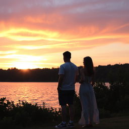 A serene scene depicting two companions, a man and a woman, standing by a sparkling lake during sunset