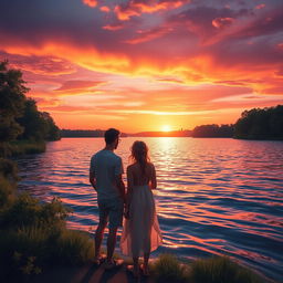 A serene scene depicting two companions, a man and a woman, standing by a sparkling lake during sunset