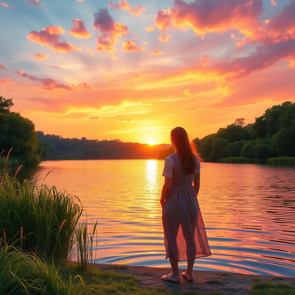 A serene scene depicting two companions, a man and a woman, standing by a sparkling lake during sunset