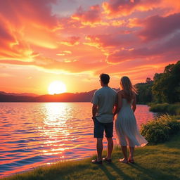 A serene scene depicting two companions, a man and a woman, standing by a sparkling lake during sunset