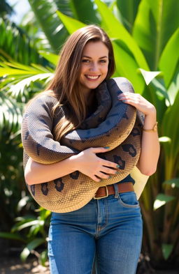 A woman in stylish blue jeans cuddling a large African python