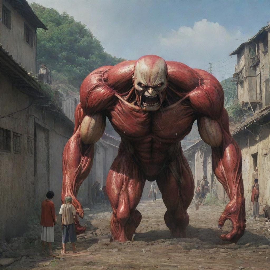 The village scene now filled with fear and suspense as people react to the sudden appearance of the Colossal Titan. Their expressions of terror evident as the safety of their walled enclave is threatened.