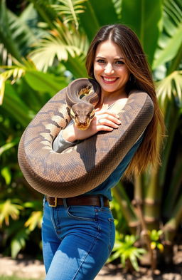 A woman in stylish blue jeans cuddling a large African python