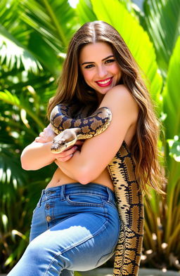 A woman in stylish blue jeans cuddling a large African python